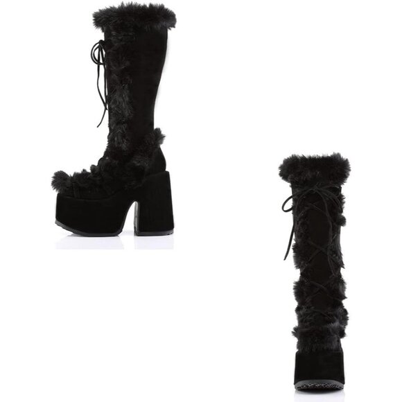 ⚡Womens Black Synthetic Mid Calf Lace Up Chunky High Heel Warm Fur Snow Boots - Picture 4 of 6